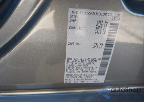 2025 Nissan Altima Sv Fwd from USA, damaged, VIN 1N4BL4DV2SN343384